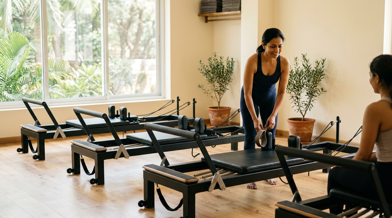An instructor adjusts a strap on a reformer in a small, sunlit Pilates studio with four reformers