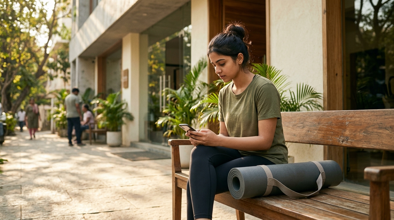 A woman with a rolled mat looks at her phone on a bench, choosing a Pilates studio