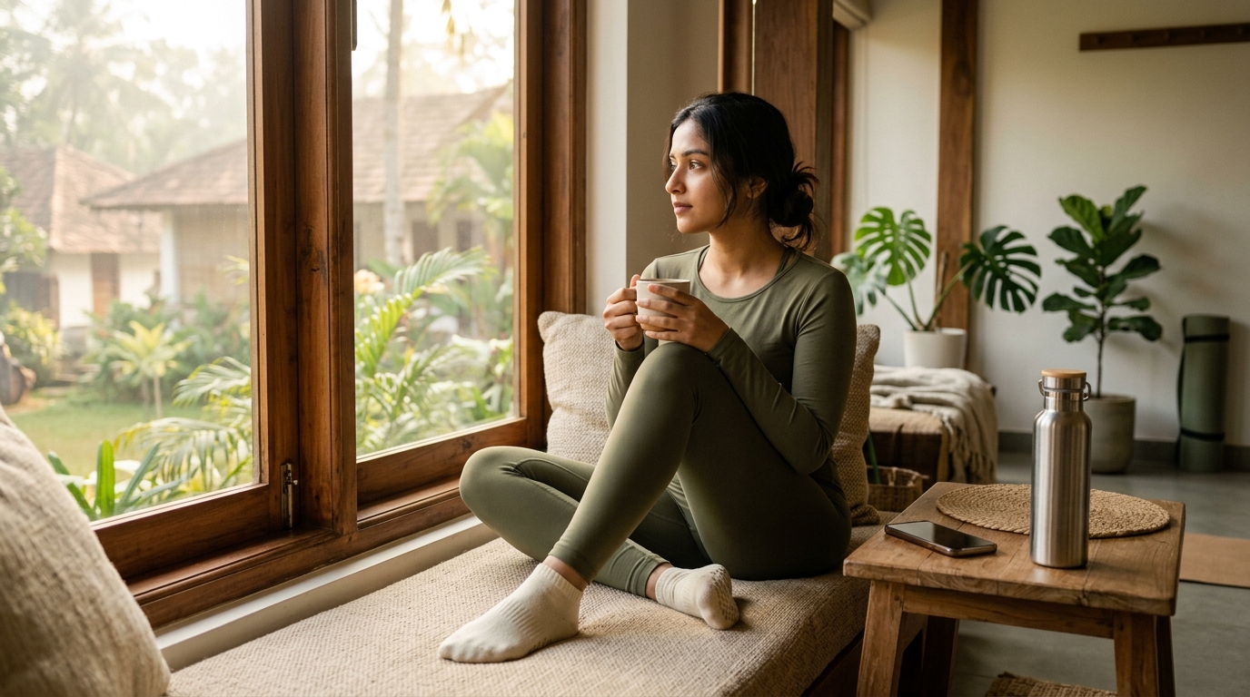 A woman at home holds a cup of tea by a window in grip socks, ready for a Pilates class