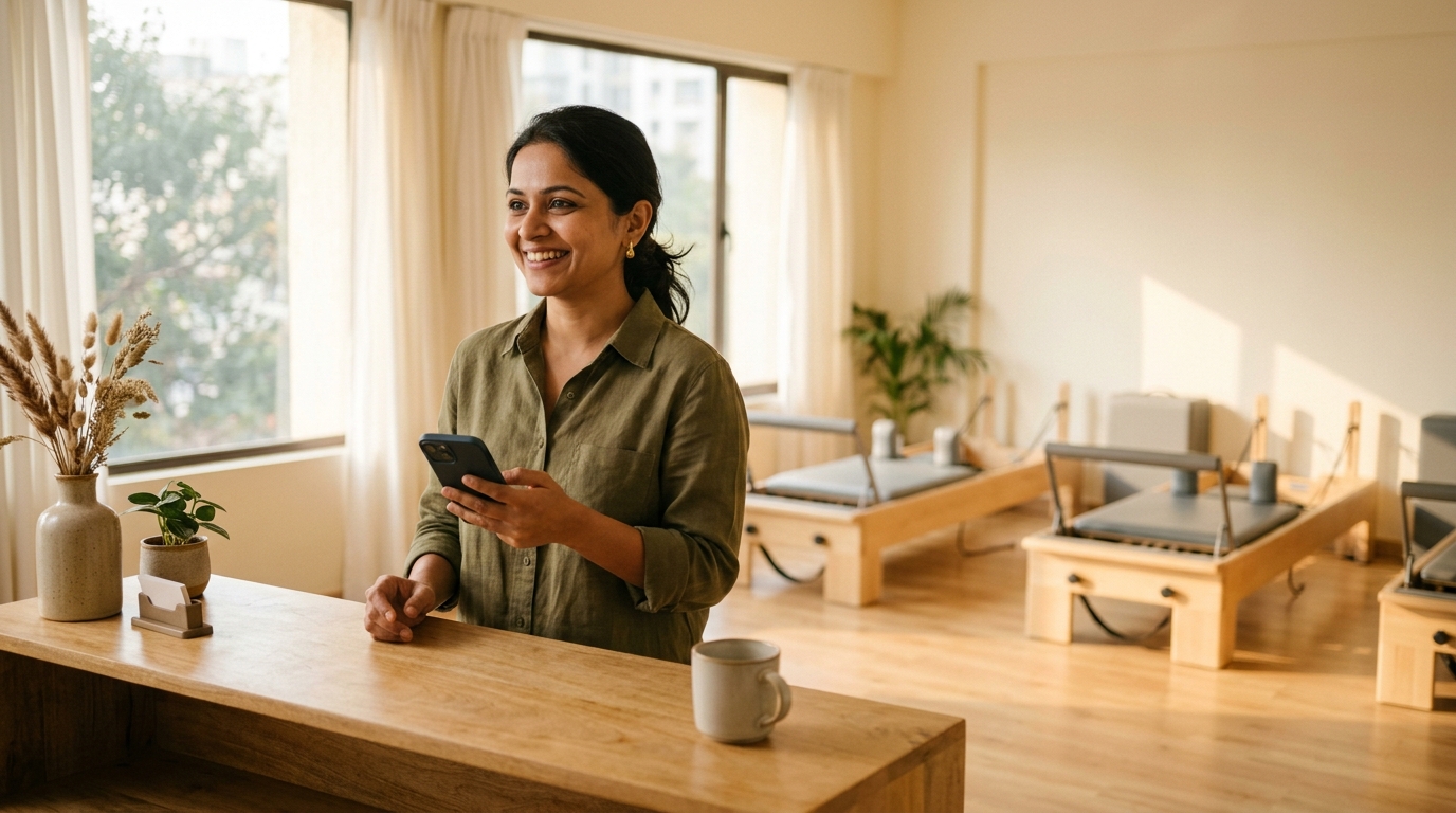 A Pilates studio owner at the reception counter with a phone, reformers blurred in the studio behind