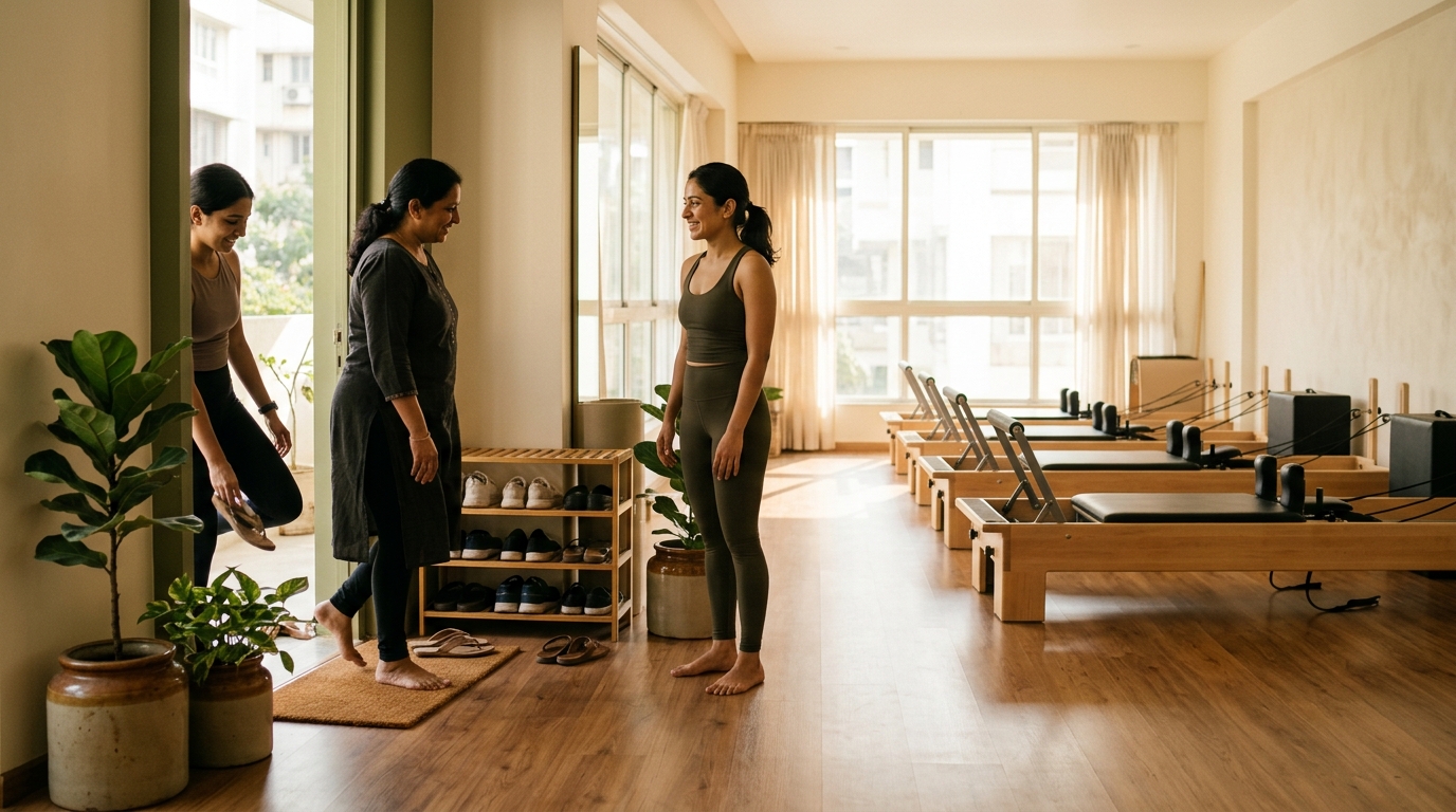 An instructor greets a member arriving at a Pilates studio, shoes left on the rack by the door