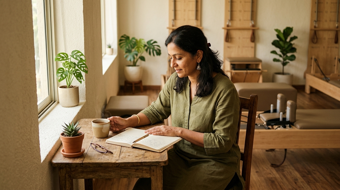 A Pilates studio owner works through costs in a notebook at a desk in her studio