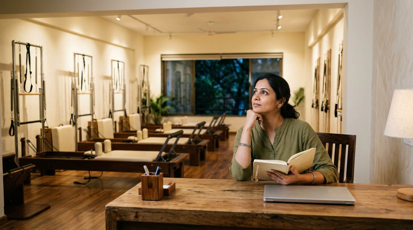A studio owner sits thinking at the reception desk of an empty Pilates studio in the evening