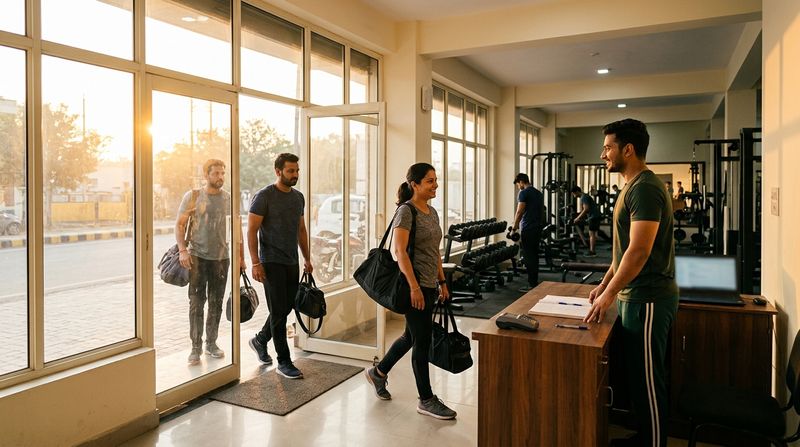 Members arrive with gym bags for the morning batch at an Indian gym
