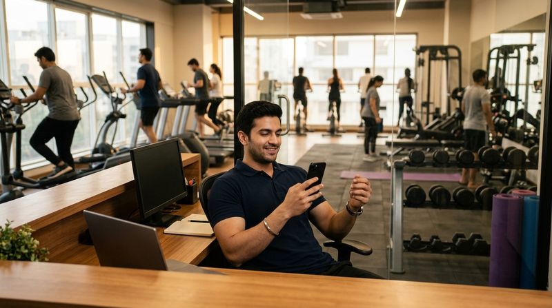 A relaxed gym manager at the desk with a phone while members train behind