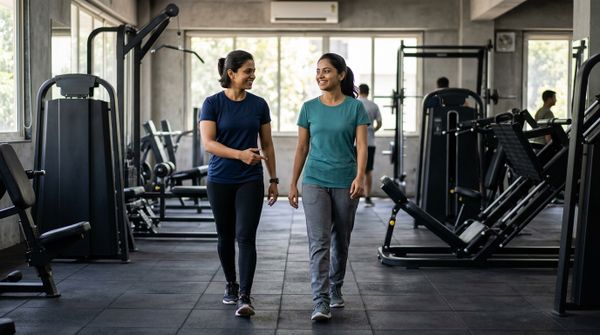 A trainer shows a new member around the gym floor on her first day