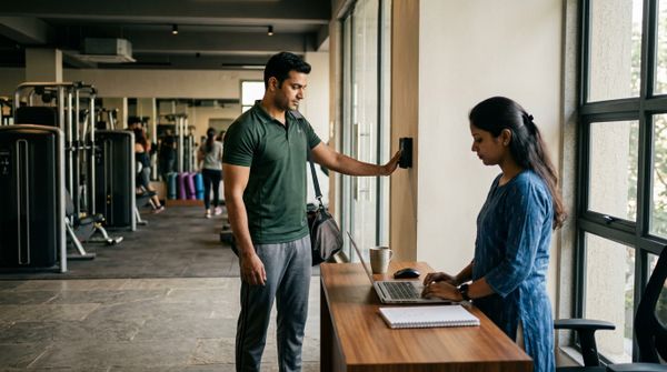 A member checks in at a fingerprint device by the entrance while the receptionist works at a laptop