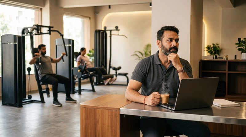 A gym owner at the front desk with a laptop and a cup of chai, members training behind