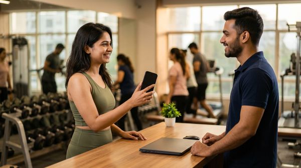 A member holds up her phone to pay at the reception counter of an Indian gym