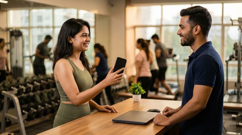 A member holds up her phone to pay at the reception counter of an Indian gym