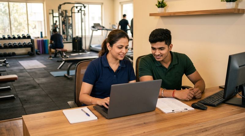 A gym manager and a front-desk staff member set up member records on a laptop at the reception