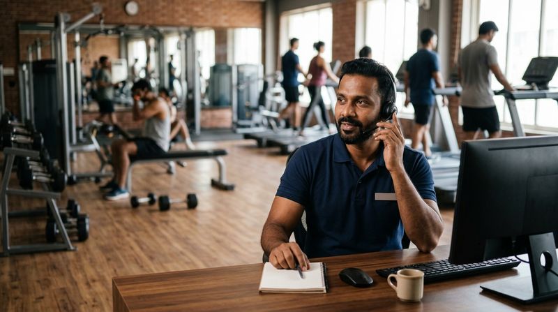A gym owner on a support call with a headset at the front desk