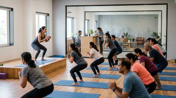 A group fitness class in an Indian gym studio, with the front desk visible behind glass