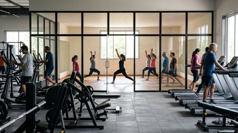 A small group yoga class in a glass-walled studio room, seen from the main floor of a large gym
